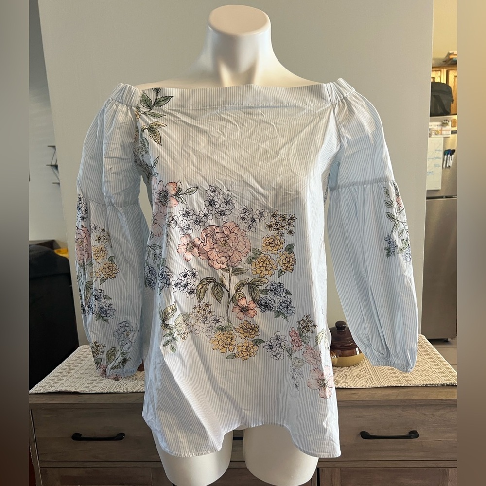 Kaari Blue Blue Pin Stripe/Floral Off The Shoulder Top